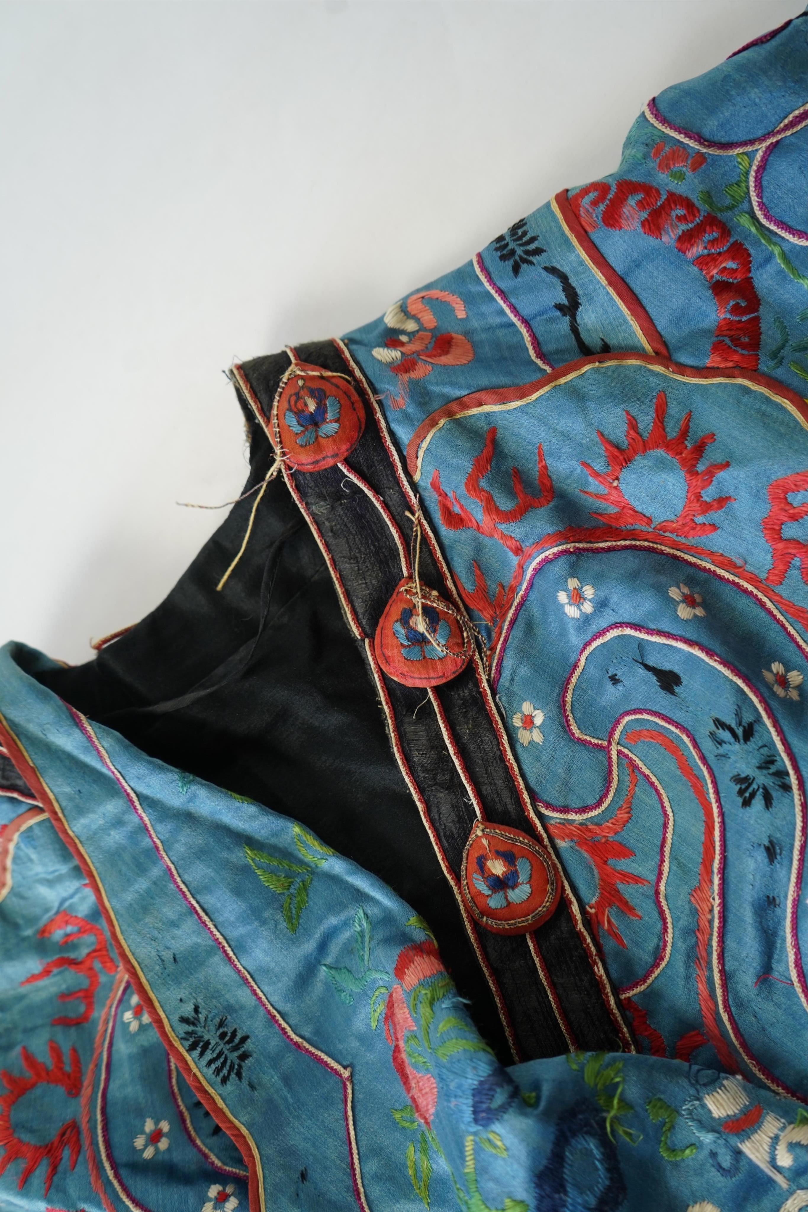 An unusual late 19th early 20th century Chinese silk embroidered robe, made for the tiger role, Jing, who symbolises power, bravery, protection and royalty. A character often used in Chinese opera, theatre and performing